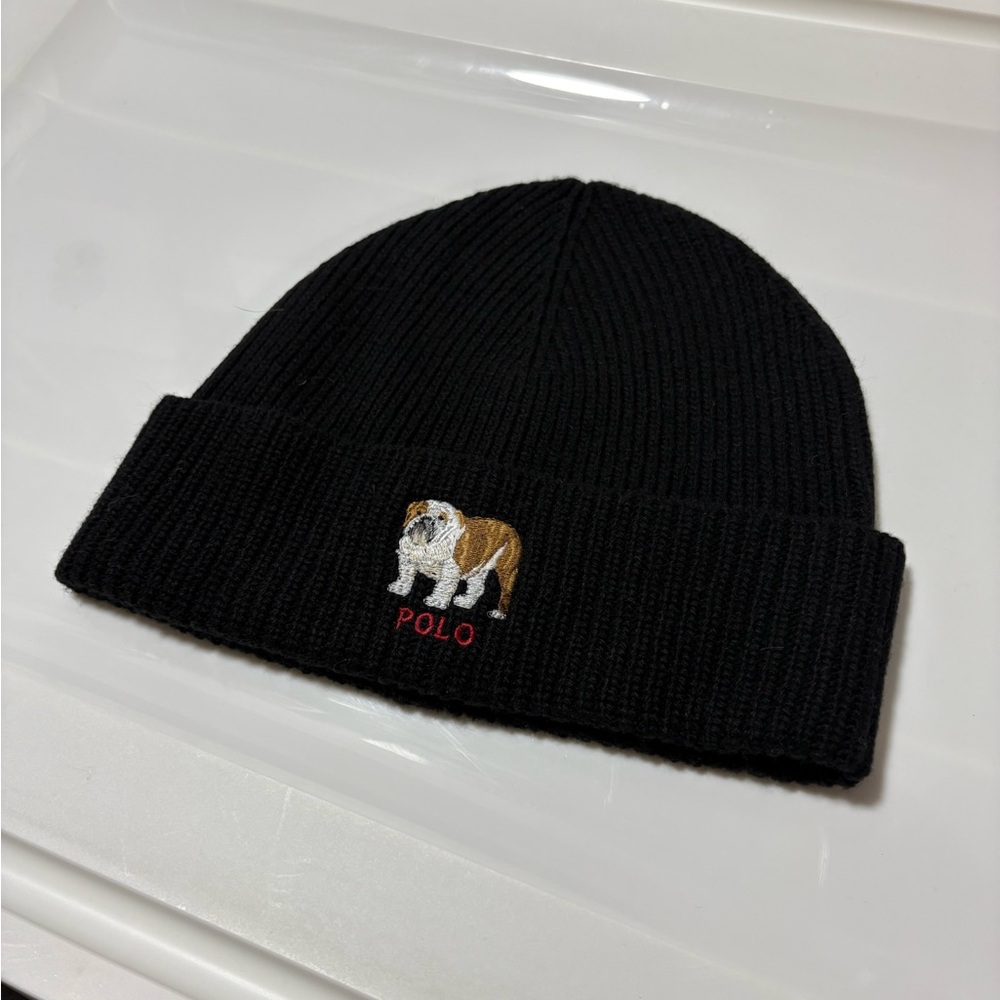 Polo by Ralph Lauren Black Knit Hat with Bulldog Embroidery
